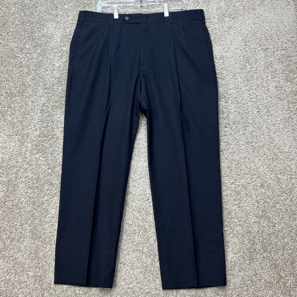Jos A Bank Dress Pants Mens 39x29 Navy Blue Straight Leg Wool Double Pleated EUC